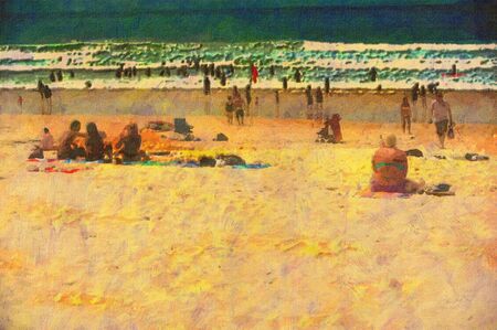 original oil painting of gold coast surfers paradise beach peopleの写真素材