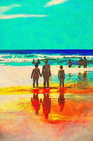 original oil painting of gold coast surfers paradise beach peopleの写真素材