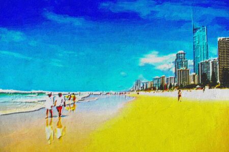 original oil painting of gold coast surfers paradise beach peopleの写真素材