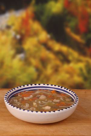 chicken noodle soup with carrot and onionの写真素材