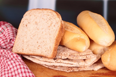 bread selection still life group on boardの写真素材