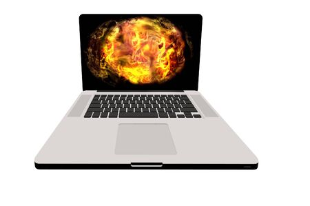 laptop 3d render illustration fire concept imageの写真素材