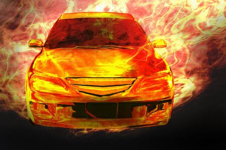 car on fire 3d illustration concept imageの写真素材