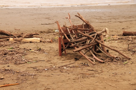 BRISBANE, AUSTRALIA - JAN 15 : Flood  and storm debris on Brisbane beach madeinto cubby January 15, 2011 in Brisbane, Australia のeditorial素材
