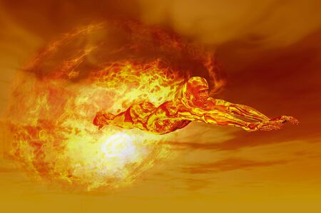 man flying through atmosphere and fireballの写真素材