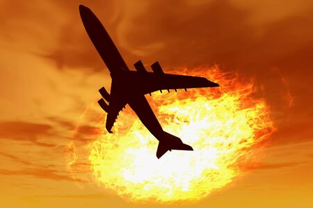 plane silhouette  render over sunset plasma ball fire skyの写真素材