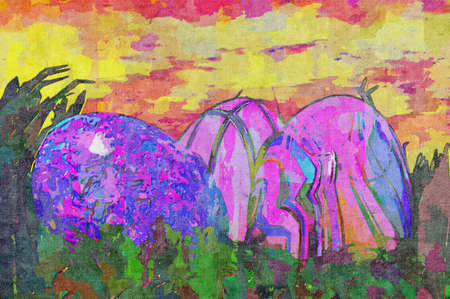 oil painting easter eggs in grass nestの写真素材