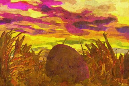 oil painting easter eggs in grass nestの写真素材