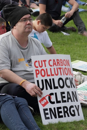 BRISBANE, AUSTRALIA - JUNE 6 : man with clean energy protest sign at say Yes rally  during World Enviroment Day 6, 2011 in Brisbane, Australia のeditorial素材
