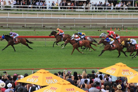 BRISBANE, AUSTRALIA  NOV 01 : Crowds trackside race five Eagle Farm Racourse as part of Melbourne Cup festival events November 01, 2011 in Brisbane, Australia のeditorial素材