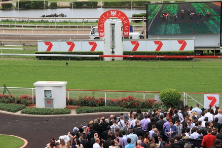 BRISBANE, AUSTRALIA  NOV 01 : Crowds trackside watching the big TV Eagle Farm Racourse as part of Melbourne Cup festival events November 01, 2011 in Brisbane, Australia のeditorial素材