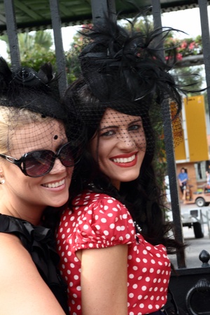 BRISBANE, AUSTRALIA  NOV 01 : Pretty young racegoers having fun outside the racecourse gates Eagle Farm Racourse on Melbourne Cup day November 01, 2011 in Brisbane, Australia のeditorial素材