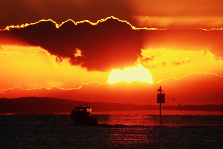 Australian fishing charter boat silhouette on moreton bay dugong nature reserveの写真素材
