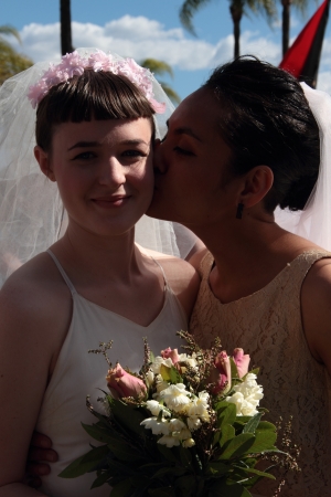 BRISBANE, QLD AUSTRALIA - AUGUST 11 : Unidentified woman posing as married lesbian couple on August 11 2012  in Brisbane, Australia Demonstrators adorned costumes at equal love gay rallyのeditorial素材
