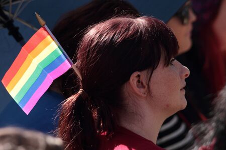 BRISBANE, QLD AUSTRALIA - AUGUST 11 : Unidentified woman supporting gay flag on August 11 2012  in Brisbane, Australia  crowds donned gay support clothing whilst listing to gay marriage rally のeditorial素材