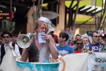BRISBANE, QLD AUSTRALIA - AUGUST 11 : Unidentified man with bullhorn leading gay marriage rights street march e  on August 11 2012  in Brisbane, Australia 11 2012  in Brisbane, Australia  Equal Love is a gay rights group supporting gay marriageのeditorial素材