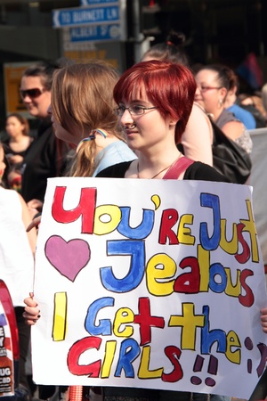 BRISBANE, QLD AUSTRALIA - AUGUST 11 : Unidentified woman with lesbian sign on August 11 2012  in Brisbane, Australia gay marriage rights marchのeditorial素材