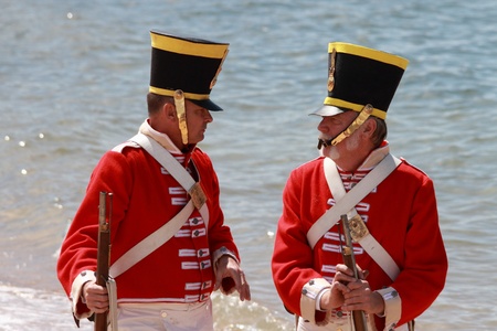 BRISBANE, AUSTRALIA - SEPTEMBER 16 : Unidentified men in soldier re-enactment costume milling as part of the Redcliffe First Settlement Festival on September 16, 2012 in Brisbane, Australiaのeditorial素材