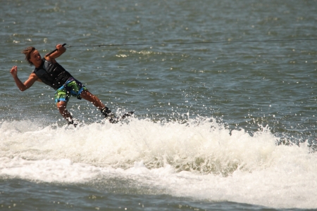 BRISBANE, AUSTRALIA - SEPTEMBER 15 :  World champion Cory Teunissen giving wakeboarding demonstration as part of Australian Water Ski Racing Championship on September 15, 2012 in Brisbane, Australiaのeditorial素材