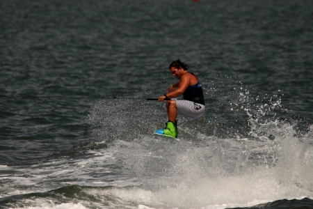 BRISBANE, AUSTRALIA - SEPTEMBER 15 :  Bradley Teunissen giving wakeboarding demonstration as part of Australian Water Ski Racing Championship on September 15, 2012 in Brisbane, Australiaのeditorial素材