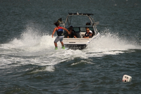BRISBANE, AUSTRALIA - SEPTEMBER 15 :  Bradley Teunissen giving wakeboarding demonstration as part of Australian Water Ski Racing Championship on September 15, 2012 in Brisbane, Australiaのeditorial素材