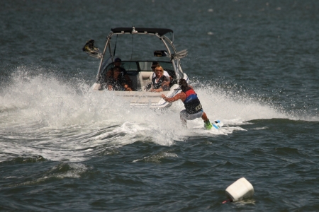 BRISBANE, AUSTRALIA - SEPTEMBER 15 :  Bradley Teunissen giving wakeboarding demonstration as part of Australian Water Ski Racing Championship on September 15, 2012 in Brisbane, Australiaのeditorial素材