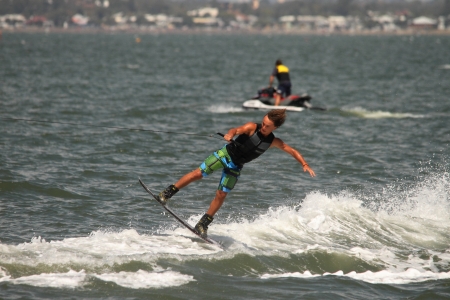BRISBANE, AUSTRALIA - SEPTEMBER 15 :  World champion Cory Teunissen giving wakeboarding demonstration as part of Australian Water Ski Racing Championship on September 15, 2012 in Brisbane, Australiaのeditorial素材