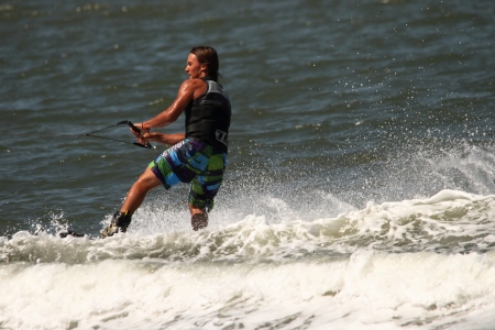BRISBANE, AUSTRALIA - SEPTEMBER 15 :  World champion Cory Teunissen giving wakeboarding demonstration as part of Australian Water Ski Racing Championship on September 15, 2012 in Brisbane, Australiaのeditorial素材