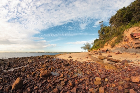 Moreton Bay Marine Park australian brisbane beach with a lot of unique rocksの写真素材