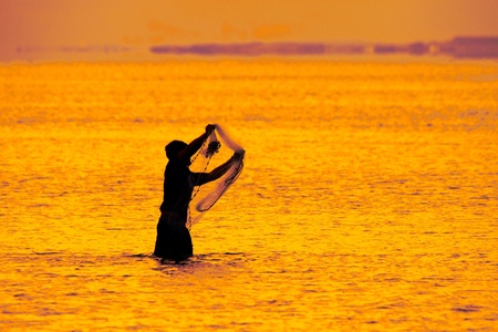 silhouette of fisherman using net during sunrise brisbane queensland australia