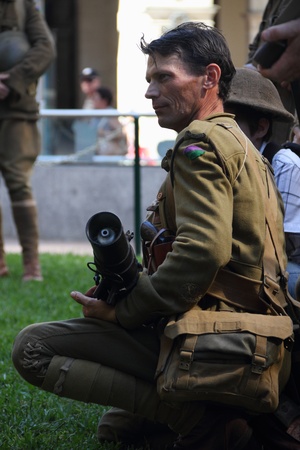 BRISBANE, AUSTRALIA - APRIL 25 : Unidentified World War 2 reenactors pose during Anzac day...