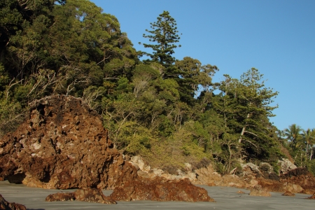 volcanic craggy rock beach with norfolk background Hillsborough national park queensland australiaの写真素材