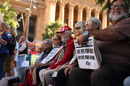 BRISBANE, AUSTRALIA - JUNE 22 : Aboriginal activist Sam Watson and others at  World Refugee Rally June 22, 2014 in Brisbane, Australiaのeditorial素材
