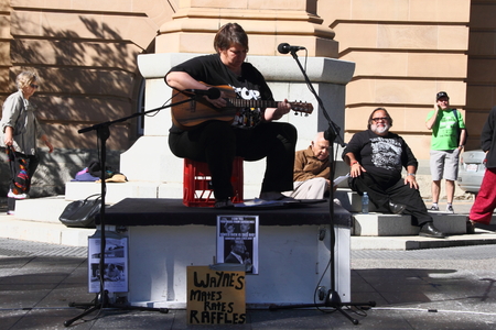 BRISBANE, AUSTRALIA - JULLY 06 : Jenny Pineapple performs at the  Bust The Budget anti liberal governement Rally July 06, 2014 in Brisbane, Australiaのeditorial素材
