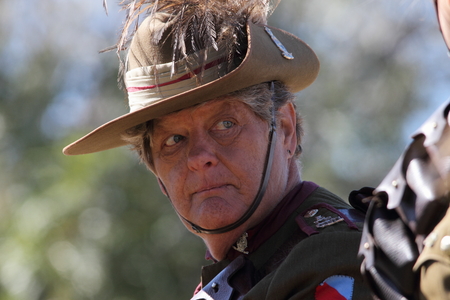 CABOOLTURE, AUSTRALIA -SEPTEMBER 06: Unidentified re-enactor from 11th Lighthorse Association as part of ANZAC centenary commemoration at historical village September 06, 2014 in Caboolture, Australiaのeditorial素材