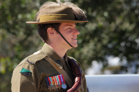 CABOOLTURE, AUSTRALIA -SEPTEMBER 06: Unidentified re-enactor from 11th Lighthorse Association as part of ANZAC centenary commemoration at historical village September 06, 2014 in Caboolture, Australiaのeditorial素材