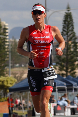 MOOLOOLABA, AUSTRALIA - SEPTEMBER 14 : Pro Caroline Steffen female winner in the "Ironman 70.3" triathlon on September 14, 2014 in Mooloolaba, Australiaのeditorial素材