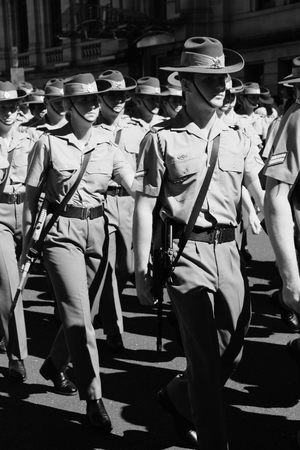 BRISBANE, AUSTRALIA - APRIL 25 : 2nd field hospital marching  during Anzac day centenary commemorations April 25, 2015 in Brisbane, Australiaのeditorial素材