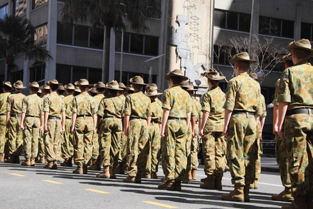 BRISBANE, AUSTRALIA - APRIL 25 :Army Cadets at attention before march during Anzac day centenary commemorations April 25, 2015 in Brisbane, Australiaのeditorial素材
