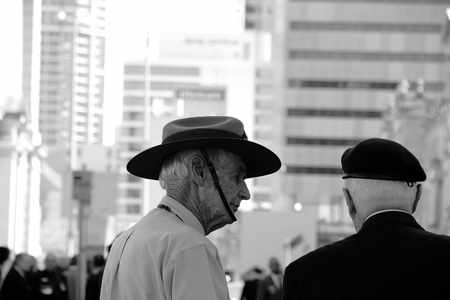 BRISBANE, AUSTRALIA - APRIL 25 : Veterans chatting before march during Anzac day centenary commemorations April 25, 2015 in Brisbane, Australiaのeditorial素材