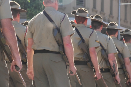 BRISBANE, AUSTRALIA - APRIL 25 : 1st Battalion march  along the route during Anzac day centenary commemorations April 25, 2015 in Brisbane, Australiaのeditorial素材