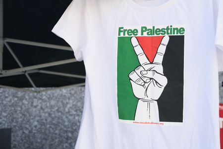 BRISBANE, AUSTRALIA - JUNE 20: Free Palestine Tshirt at World Refugee Day Rally June 20, 2015 in Brisbane, Australiaのeditorial素材