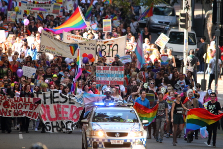 BRISBANE, AUSTRALIA - AUGUST 8 2015: Large groups of street marchers pro Marriage Equality Rally August 8, 2015 in Brisbane, Australiaのeditorial素材
