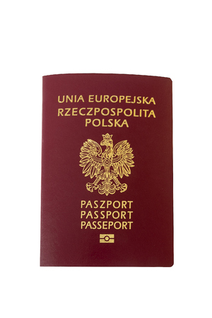 Polish passport in vertical position on a white backgroundの写真素材