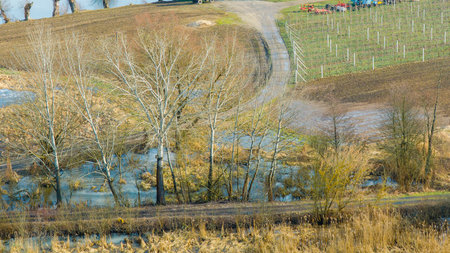Beautiful rural landscape with a dirt road and a farm in the backgroundの写真素材