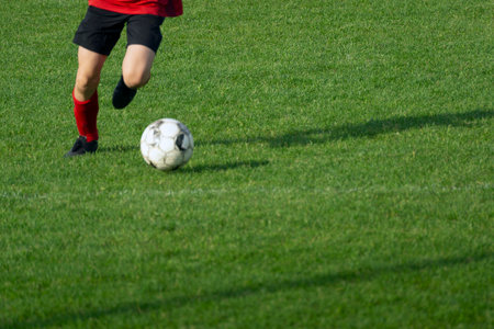 The player hits the ball on natural turf. Football/Soccer.の写真素材