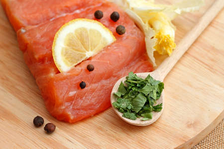 Fillet of salmon with spice, close-upの写真素材