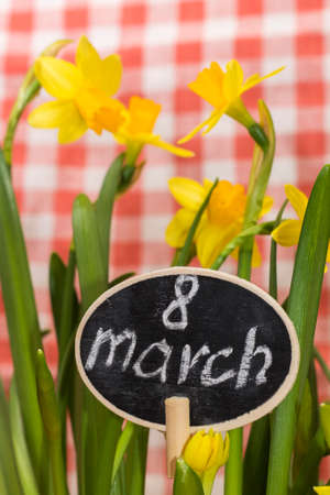 Holiday. Card with inscription on March 8 and daffodilsの写真素材