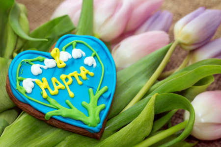 March 8. Image of presents - gingerbread and tulipsの写真素材