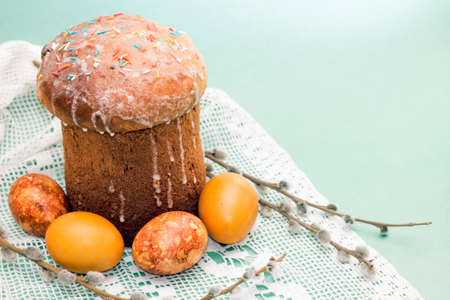 Beautiful photo of Easter cake, eggs and willow twigs